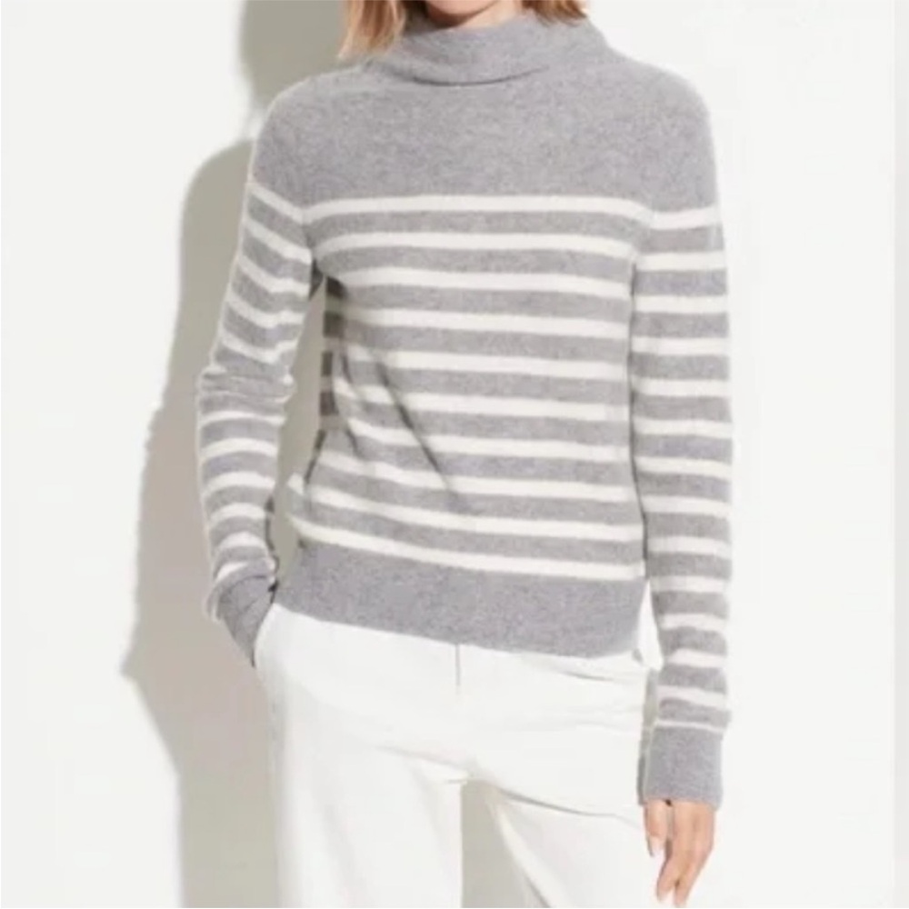 Vince Gray and Cream Striped Funnel Neck Sweater